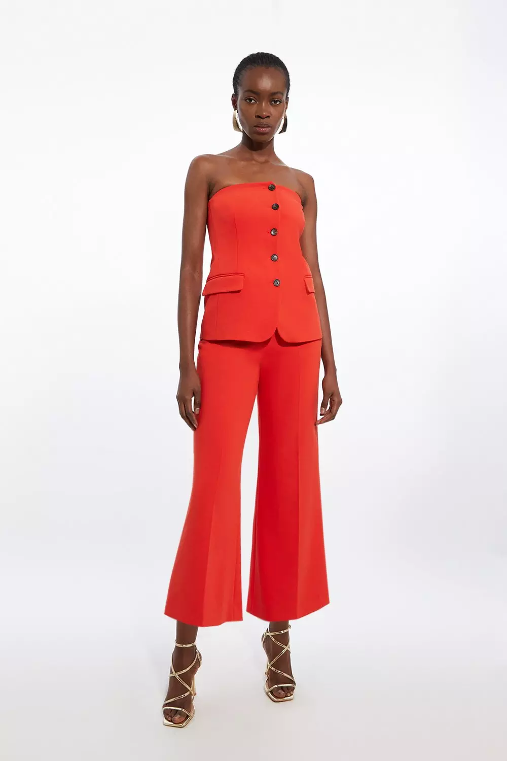 Karen Millen Womens Compact Stretch Tailored Bandeau Button Bodice Wide Leg Jumpsuit Tomato Red Size 8